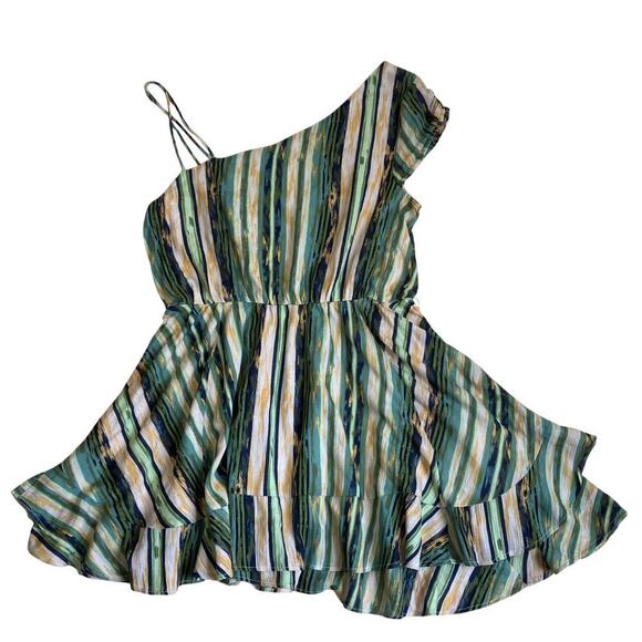 Free People Sz L Heart Shaped Face Asymmetrical Ruffled Mini Dress Green Boho - Picture 8 of 16